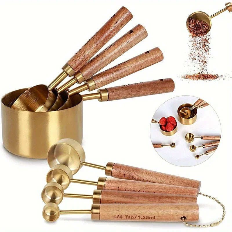 8-teiliges Edelstahl Messbecher- und Löffel-Set mit Holzgriff – Präzises Backen und Kochen