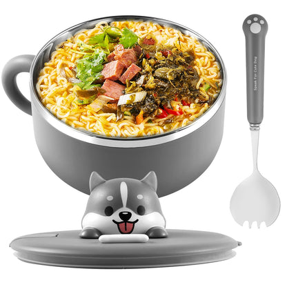 Ramen Bowl 1200ml – Edelstahl Nudelkocher mit Deckel, Anti-Verbrühung Design, Inkl. Löffel und Gabel