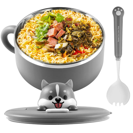 Ramen Bowl 1200ml – Edelstahl Nudelkocher mit Deckel, Anti-Verbrühung Design, Inkl. Löffel und Gabel