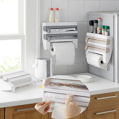 3-in-1 Aluminiumfolie und Film Dispenser – Multifunktionale Küchen Aufbewahrung, ABS Material, Mit Haken und Messer, 39x10x24 cm
