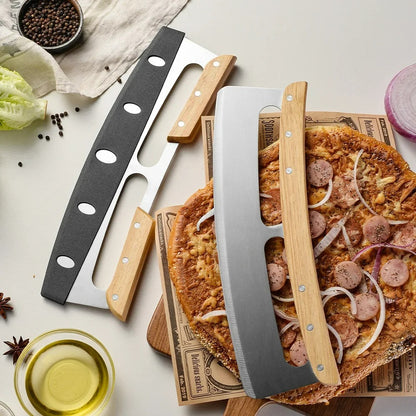 Großer Pizzaschneider mit Holzgriff – 14 Zoll gebogene Edelstahlklinge, halb runder Schaber, Backzubehör, Varianten mit ein- oder doppeltem Griff