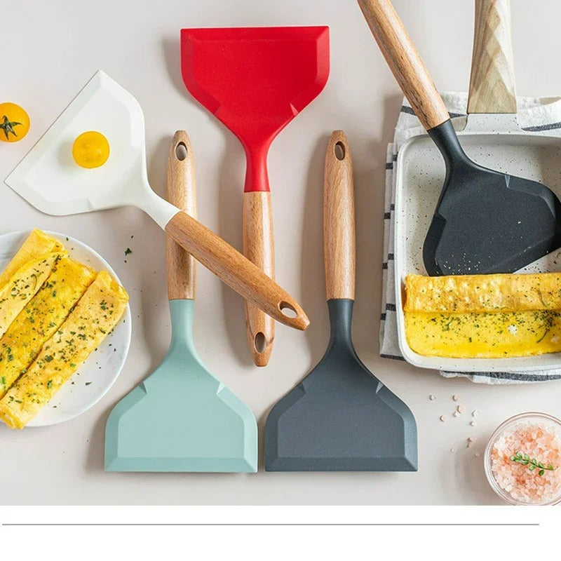 Silikon Spatel mit Breiter Schaufel, Antihaft Holzgriff, Ideal für Tamagoyaki und Fleisch, Küchenutensilien