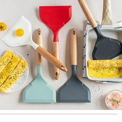 Silikon Spatel mit Breiter Schaufel, Antihaft Holzgriff, Ideal für Tamagoyaki und Fleisch, Küchenutensilien
