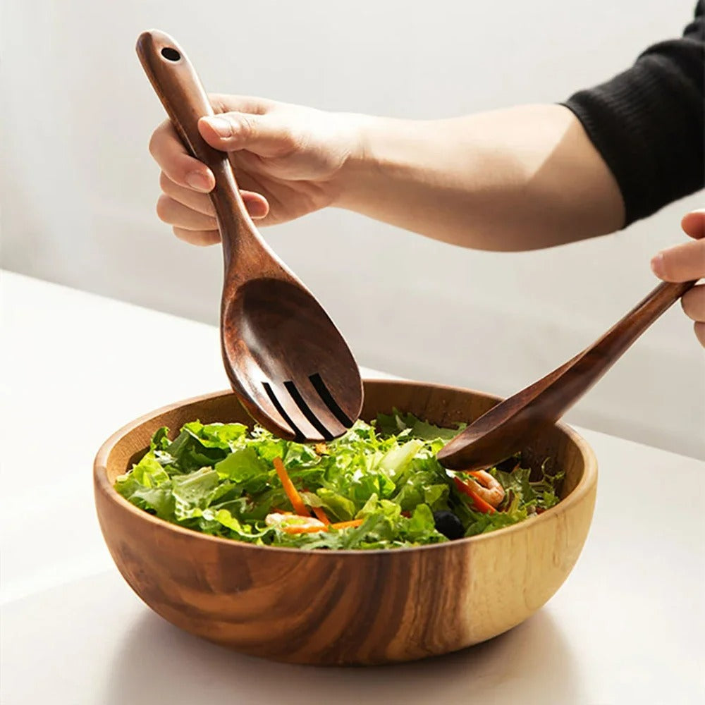 2-teiliges Servies Set aus Holz – Große Löffel und Gabel im japanischen Stil für Salat und Servieren – Langer Griff, Küchenutensilien