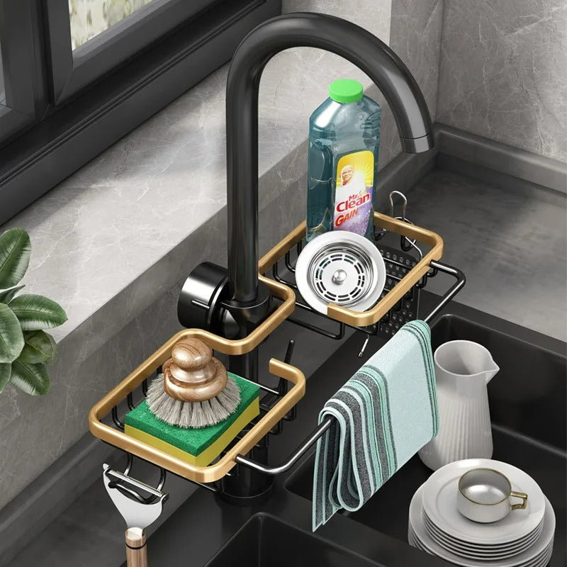 Küchen Organizer für Wasserhahn – Schwammhalter mit Haken, Tropfgestell für Seife und Küchenzubehör