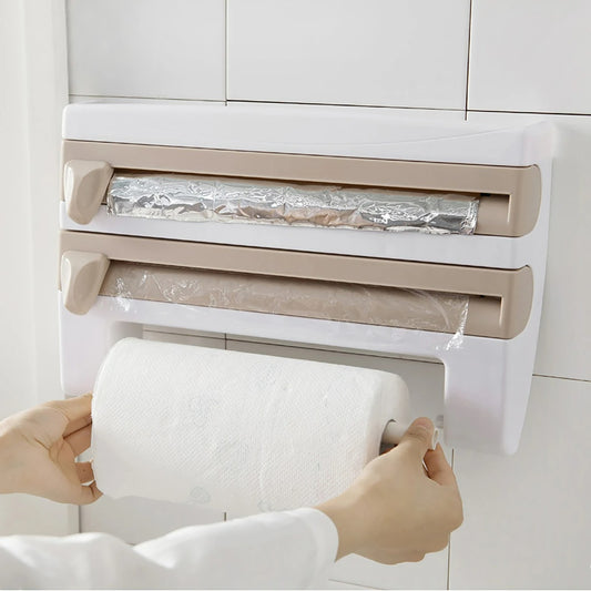 3-in-1 Aluminiumfolie und Film Dispenser – Multifunktionale Küchen Aufbewahrung, ABS Material, Mit Haken und Messer, 39x10x24 cm