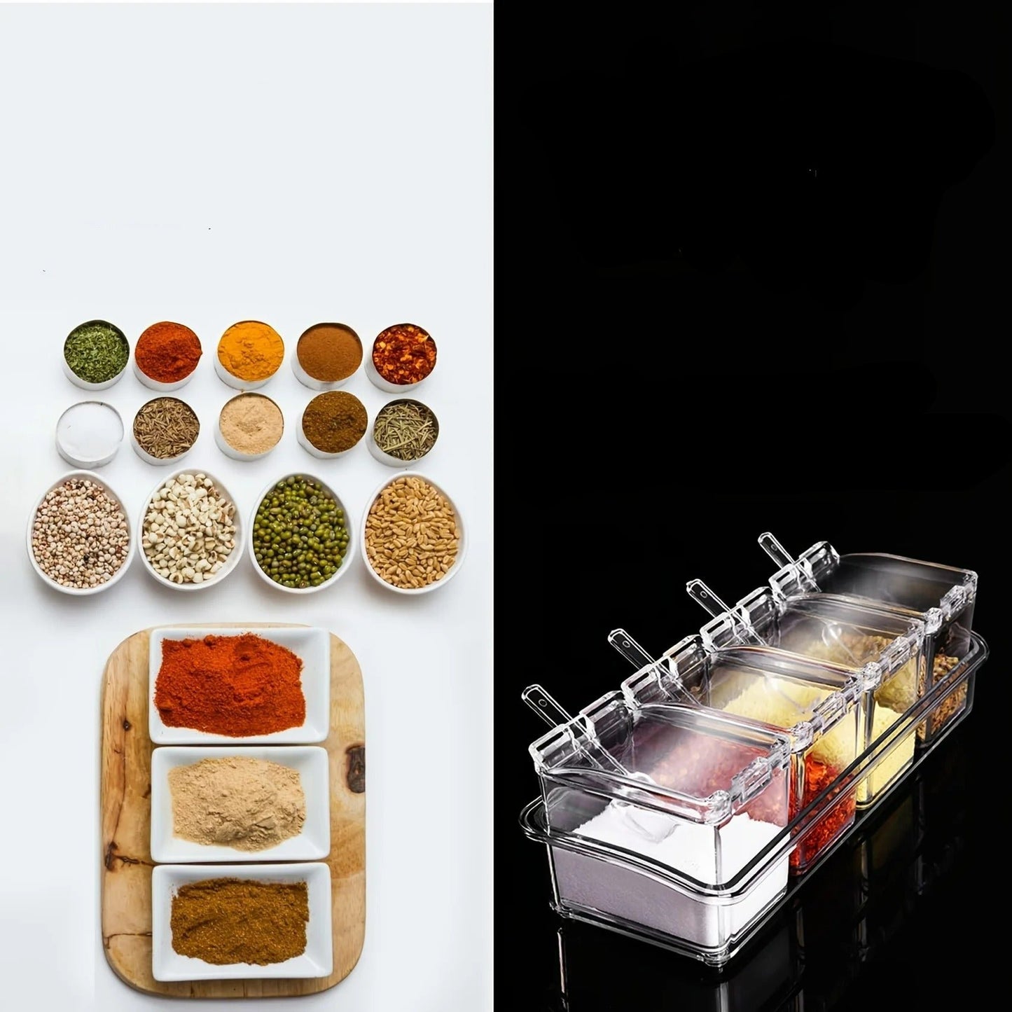 4-teiliges Gewürzbehälter-Set aus klarem Kunststoff mit Löffel – Gewürzbox für Küche und Vorrat