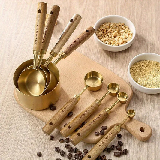 8-teiliges Edelstahl Messbecher- und Löffel-Set mit Holzgriff – Präzises Backen und Kochen