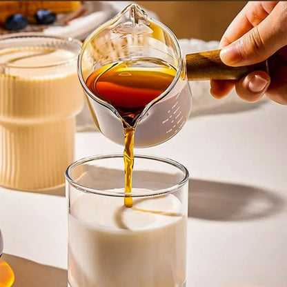 Glas Maatbeker mit Holzgriff, Espresso Messbecher, Doppel- und Einzelauslauf, Transparente Kaffeetasse für Milchkaffee, Kaffeebedarf