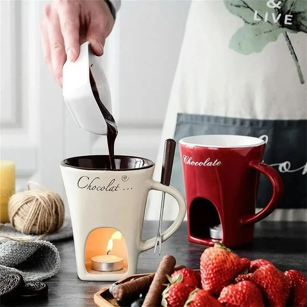 Mini Fondue Set – Keramischer Fondue Maker für Schokolade, Käse und Butter, inkl. Gabeln