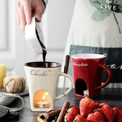 Mini Fondue Set – Keramischer Fondue Maker für Schokolade, Käse und Butter, inkl. Gabeln
