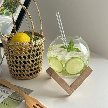 Glas Trinkbecher mit Strohhalm, 400ml, Hitzebeständig, Saftbecher, Nordic Style