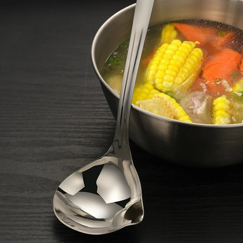 Edelstahl Suppenkelle mit Fetttrenner – Ölabscheider für Suppe und Soße, 28 x 8 cm, Langlebige Küchenutensilien