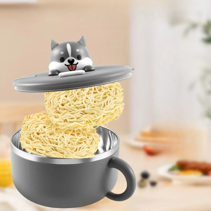 Ramen Bowl 1200ml – Edelstahl Nudelkocher mit Deckel, Anti-Verbrühung Design, Inkl. Löffel und Gabel