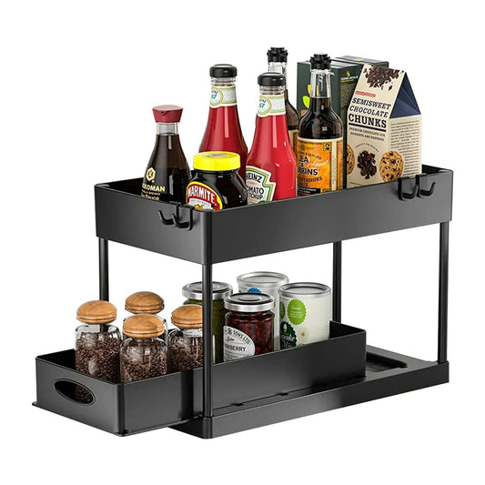 2-Ebenen Unter-Spüle-Organizer Schiebekorb Regal mit Haken und Becherhalter für Badezimmer und Küche