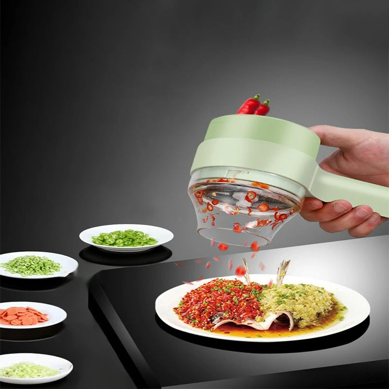 4-in-1 Elektrischer Gemüseschneider Set – Handheld Kabelloser Knoblauchhacker, Fleischwolf und Lebensmittelschneider – 40W