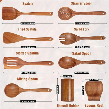 9-teiliges Küchenutensilien-Set aus Holz mit Halter und Löffelablage – Teakholz, hitzebeständig