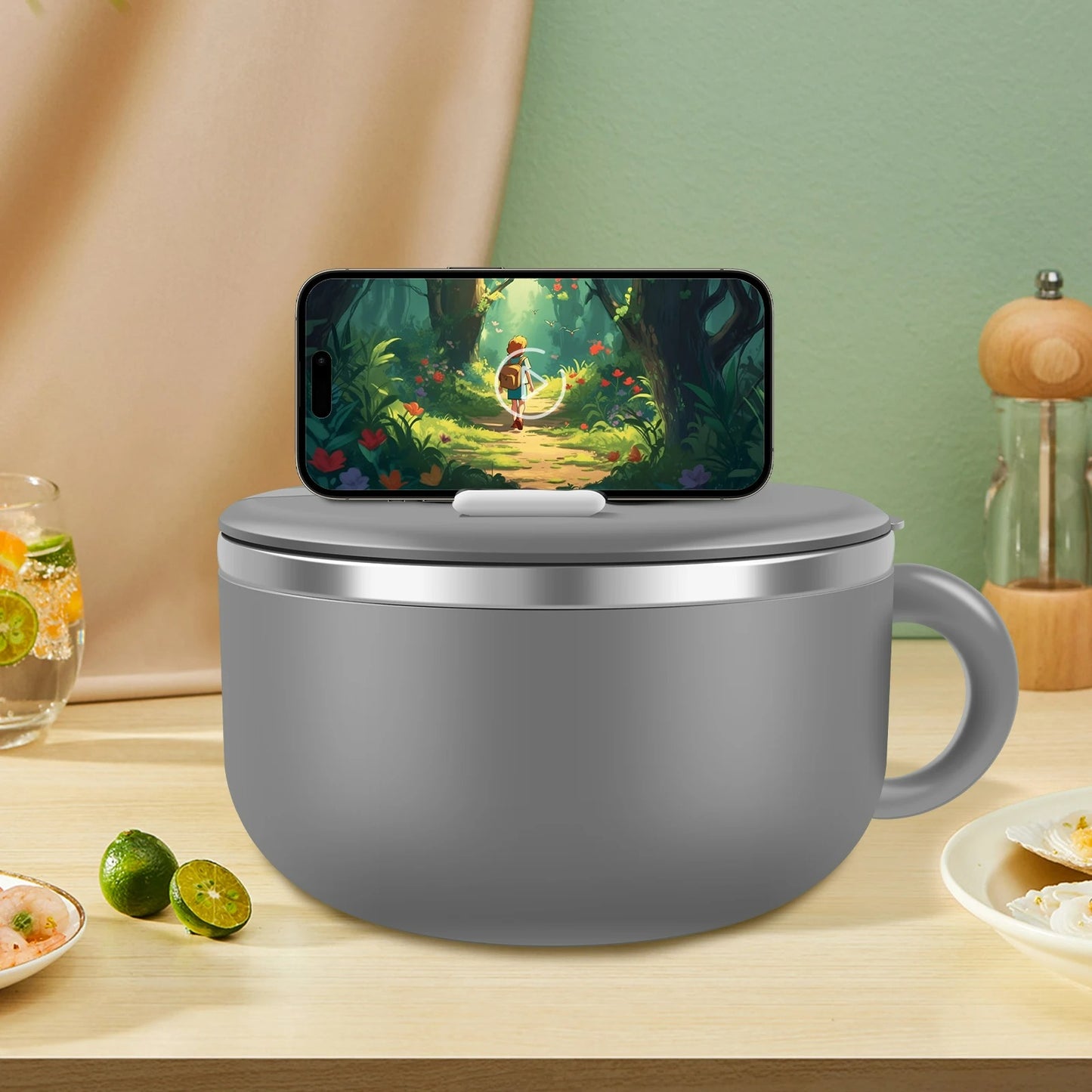 Ramen Bowl 1200ml – Edelstahl Nudelkocher mit Deckel, Anti-Verbrühung Design, Inkl. Löffel und Gabel