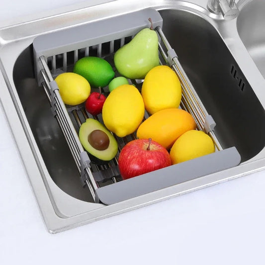 Verstellbarer Abflusskorb aus Edelstahl – Skalierbare Küchenutensilien, Gemüsemulde, Abtropfkorb, 29–47 cm