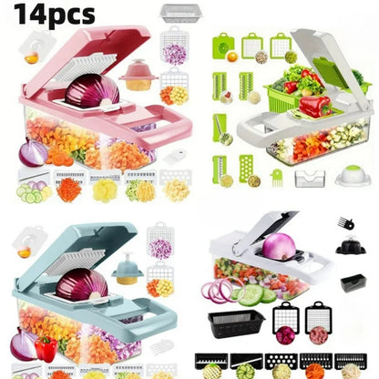 14-teiliger Multifunktionaler Gemüseschneider – Kartoffelschneider, Reibe, Würfelschneider für Salat & Gemüse