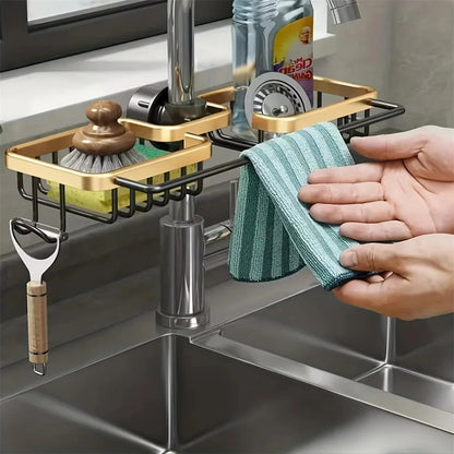 Küchen Organizer für Wasserhahn – Schwammhalter mit Haken, Tropfgestell für Seife und Küchenzubehör