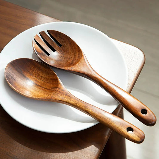 2-teiliges Servies Set aus Holz – Große Löffel und Gabel im japanischen Stil für Salat und Servieren – Langer Griff, Küchenutensilien