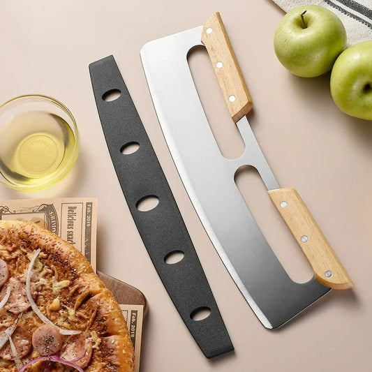 Großer Pizzaschneider mit Holzgriff – 14 Zoll gebogene Edelstahlklinge, halb runder Schaber, Backzubehör, Varianten mit ein- oder doppeltem Griff