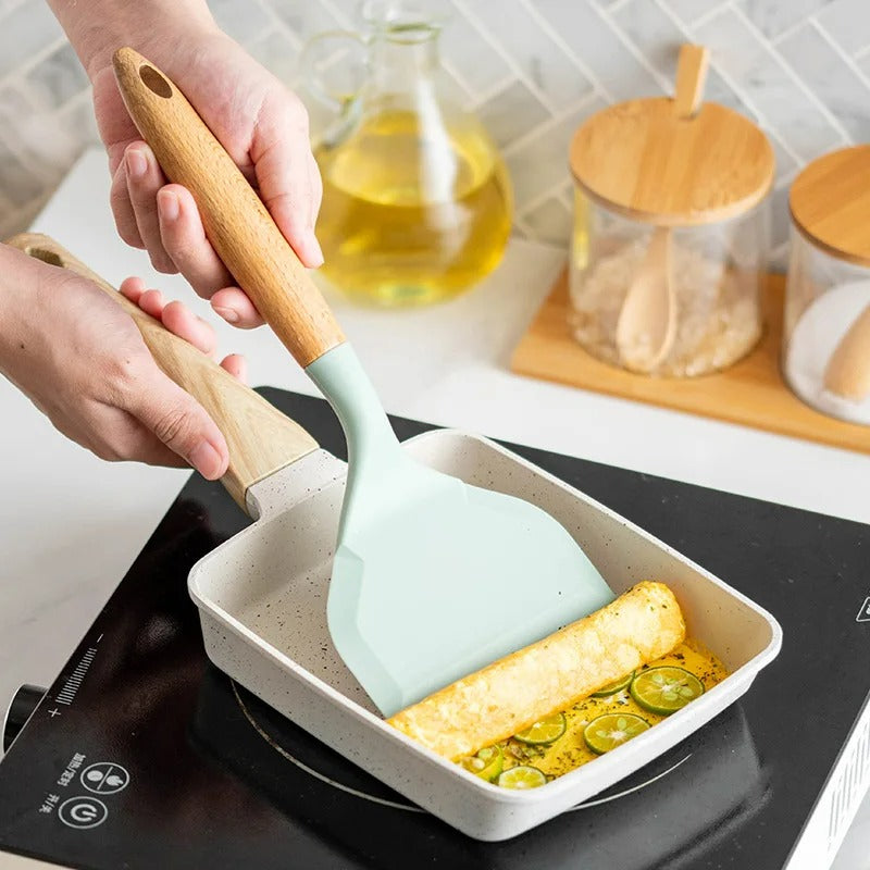 Silikon Spatel mit Breiter Schaufel, Antihaft Holzgriff, Ideal für Tamagoyaki und Fleisch, Küchenutensilien