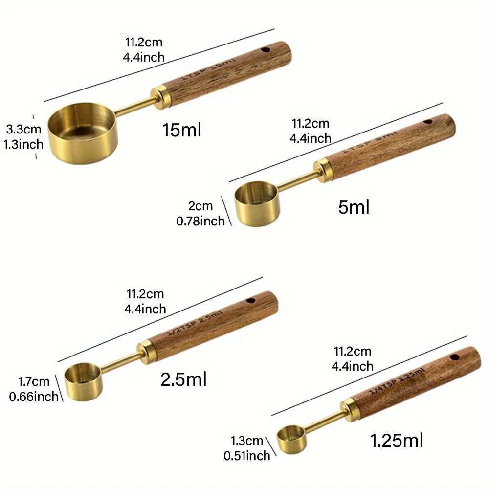 8-teiliges Edelstahl Messbecher- und Löffel-Set mit Holzgriff – Präzises Backen und Kochen