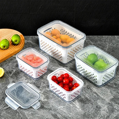 Kühlschrank Organizer Aufbewahrungsbox für Gemüse und Obst mit Abtropfkorb, 850ML–3300ML