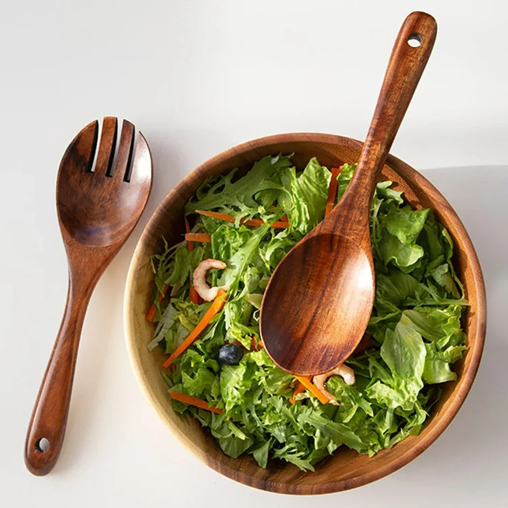 2-teiliges Servies Set aus Holz – Große Löffel und Gabel im japanischen Stil für Salat und Servieren – Langer Griff, Küchenutensilien
