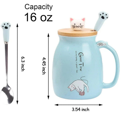 Keramische Theekop mit Kitty Deksel und Lepel, Japanische Stil, 16oz