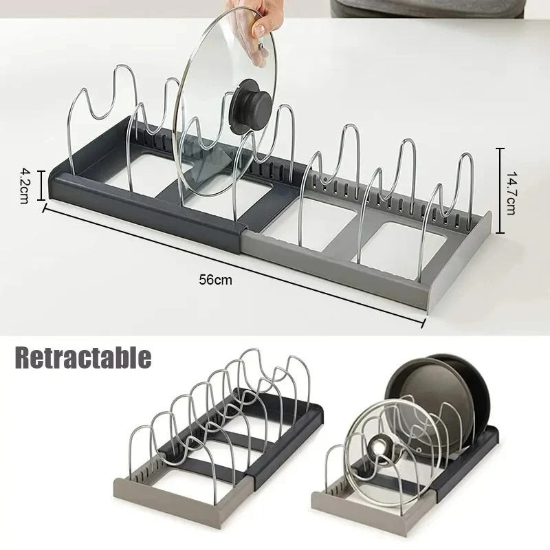 Ausziehbarer Küchenorganizer für Töpfe, Pfannen, Schneidebretter, Edelstahl und Kunststoff, 30,5–56 cm