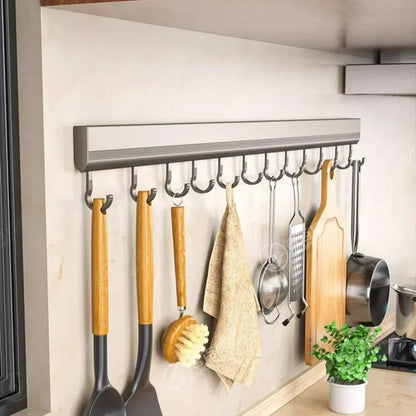 Aluminium Küchenhakenleiste Wandmontage Bohrfrei – 8/10 Haken, Verstellbar