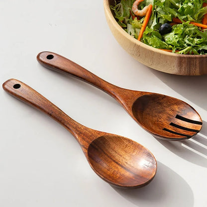 2-teiliges Servies Set aus Holz – Große Löffel und Gabel im japanischen Stil für Salat und Servieren – Langer Griff, Küchenutensilien