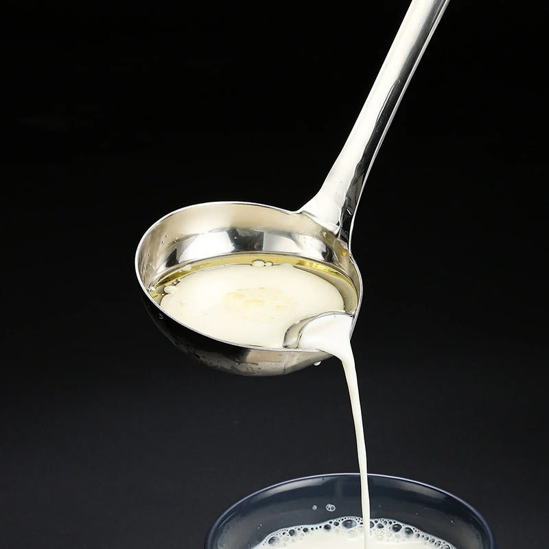 Edelstahl Suppenkelle mit Fetttrenner – Ölabscheider für Suppe und Soße, 28 x 8 cm, Langlebige Küchenutensilien