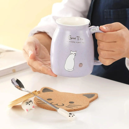 Keramische Theekop mit Kitty Deksel und Lepel, Japanische Stil, 16oz