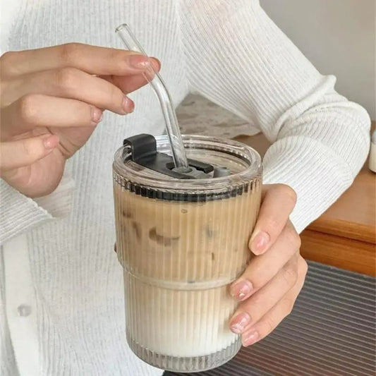 Glas Kaffeebecher mit Deckel und Strohhalm, hitzebeständiges Glas, Trinkbecher, 400ml
