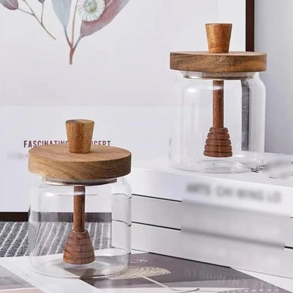 Hochwertige Borosilikat Honigglas mit Holzdeckel und Holzrührstab, 350 ml, Luftdicht