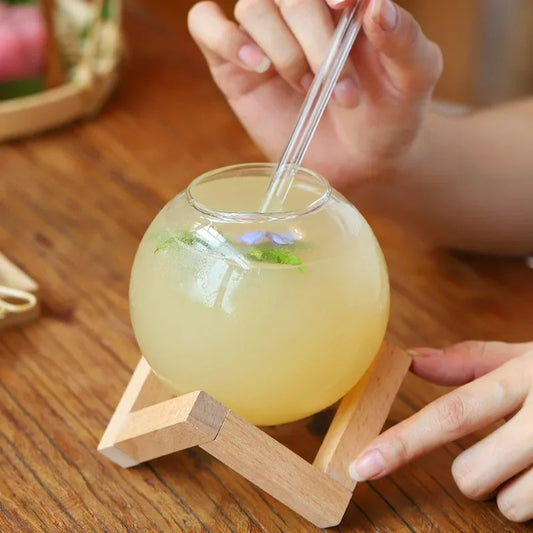 Glas Trinkbecher mit Strohhalm, 400ml, Hitzebeständig, Saftbecher, Nordic Style