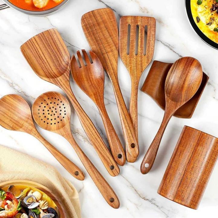 9-teiliges Küchenutensilien-Set aus Holz mit Halter und Löffelablage – Teakholz, hitzebeständig