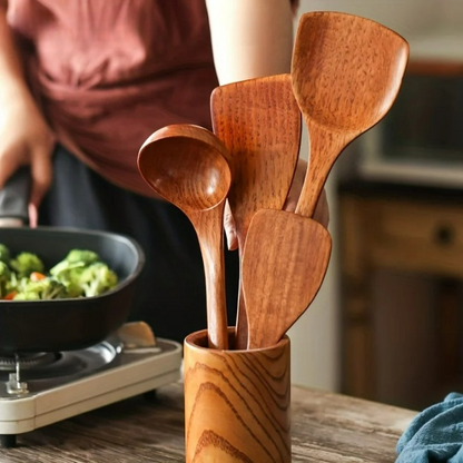 4-teiliges Küchenutensilien-Set aus Holz – Spatel, Reis- und Suppenlöffel, Lange Griffe, Ideal für Kochen und Servieren