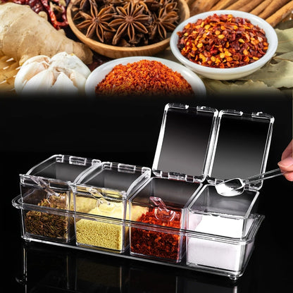 4-teiliges Gewürzbehälter-Set aus klarem Kunststoff mit Löffel – Gewürzbox für Küche und Vorrat
