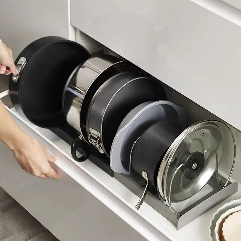 Ausziehbarer Küchenorganizer für Töpfe, Pfannen, Schneidebretter, Edelstahl und Kunststoff, 30,5–56 cm