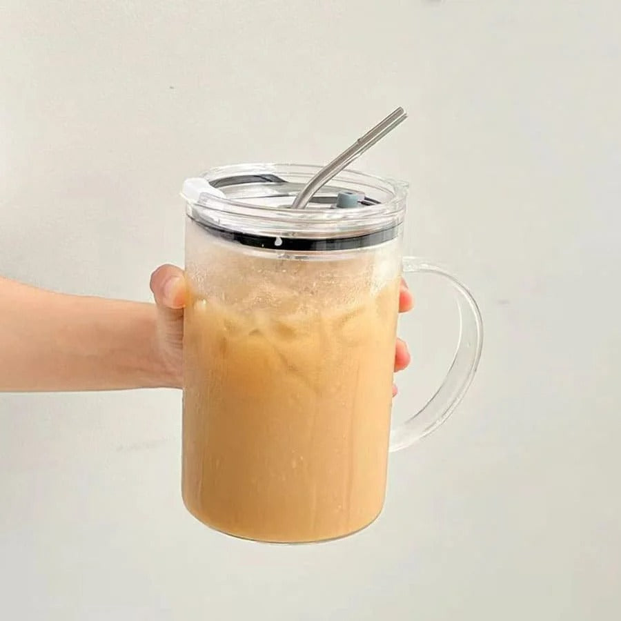 1L Trinkglas Tumbler mit Deckel und Strohhalm, Transparent, Ideal für Kaffee, Milchshake, Saft und Mokka