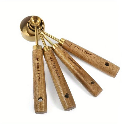 8-teiliges Edelstahl Messbecher- und Löffel-Set mit Holzgriff – Präzises Backen und Kochen