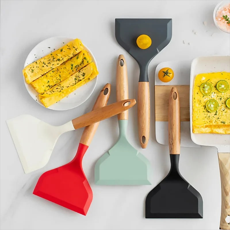 Silikon Spatel mit Breiter Schaufel, Antihaft Holzgriff, Ideal für Tamagoyaki und Fleisch, Küchenutensilien