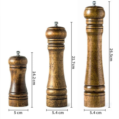 Eichenholz Pfeffer- und Gewürzmühle Set – Handbetrieben, Verstellbare Keramikmühle, 14cm, 21cm, 26cm