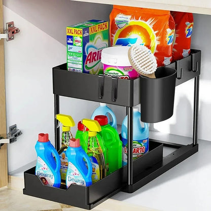 2-Ebenen Unter-Spüle-Organizer Schiebekorb Regal mit Haken und Becherhalter für Badezimmer und Küche