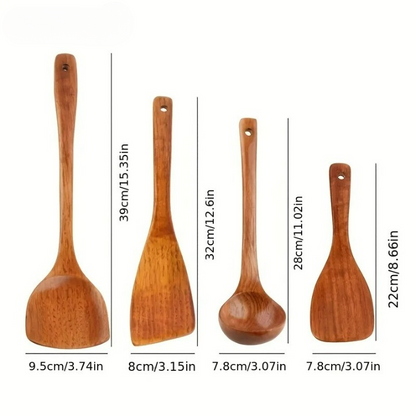 4-teiliges Küchenutensilien-Set aus Holz – Spatel, Reis- und Suppenlöffel, Lange Griffe, Ideal für Kochen und Servieren